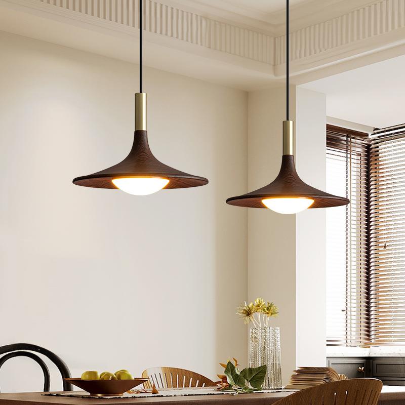 中古餐厅吊灯日式复古饭厅餐桌吧台灯创意全光谱胡桃木纹飞碟吊灯