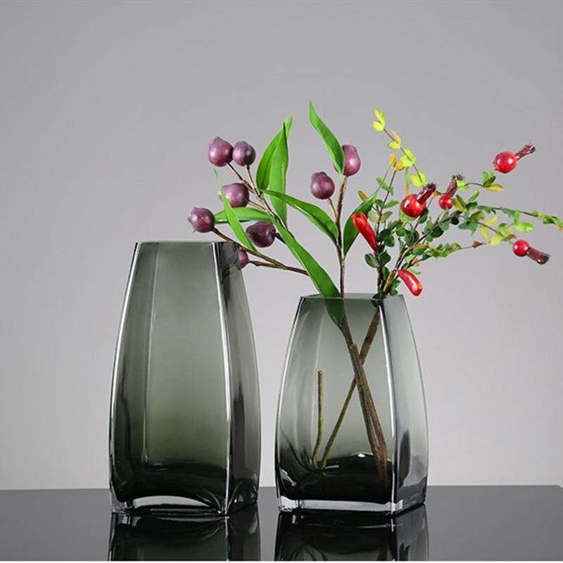 简约几何烟灰方形玻璃花瓶家居婚庆装饰花瓶摆件工艺品水养花瓶