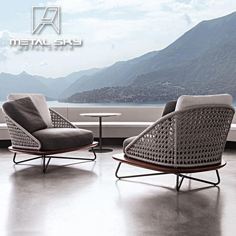 北欧户外藤编沙发室外阳台庭院懒人休闲沙发椅组合柚木单人沙发