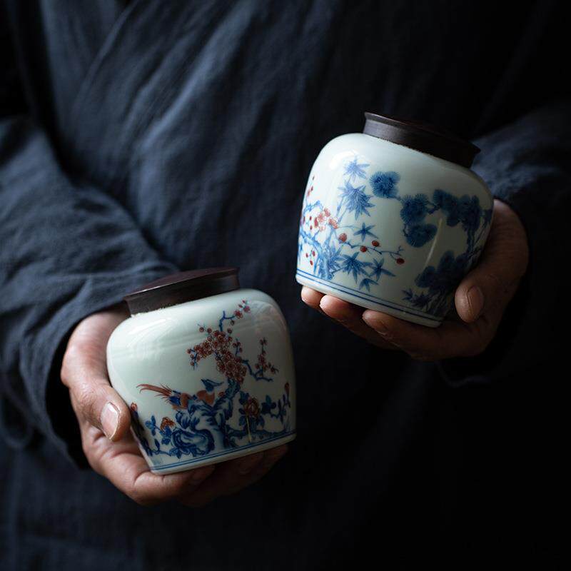 仿古青花茶叶罐家用木盖防潮密封罐陶瓷茶叶存储罐储物罐子