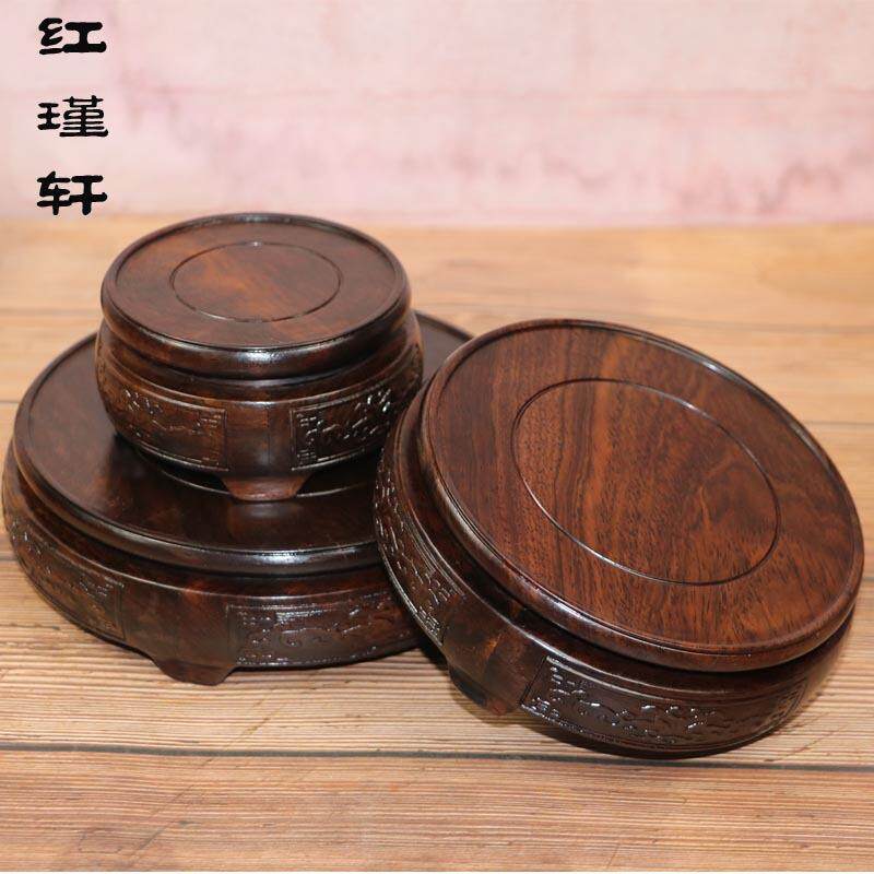 红木雕刻花瓶圆底座 工艺品陶瓷茶杯木底座 木质托盘香炉托盘底座