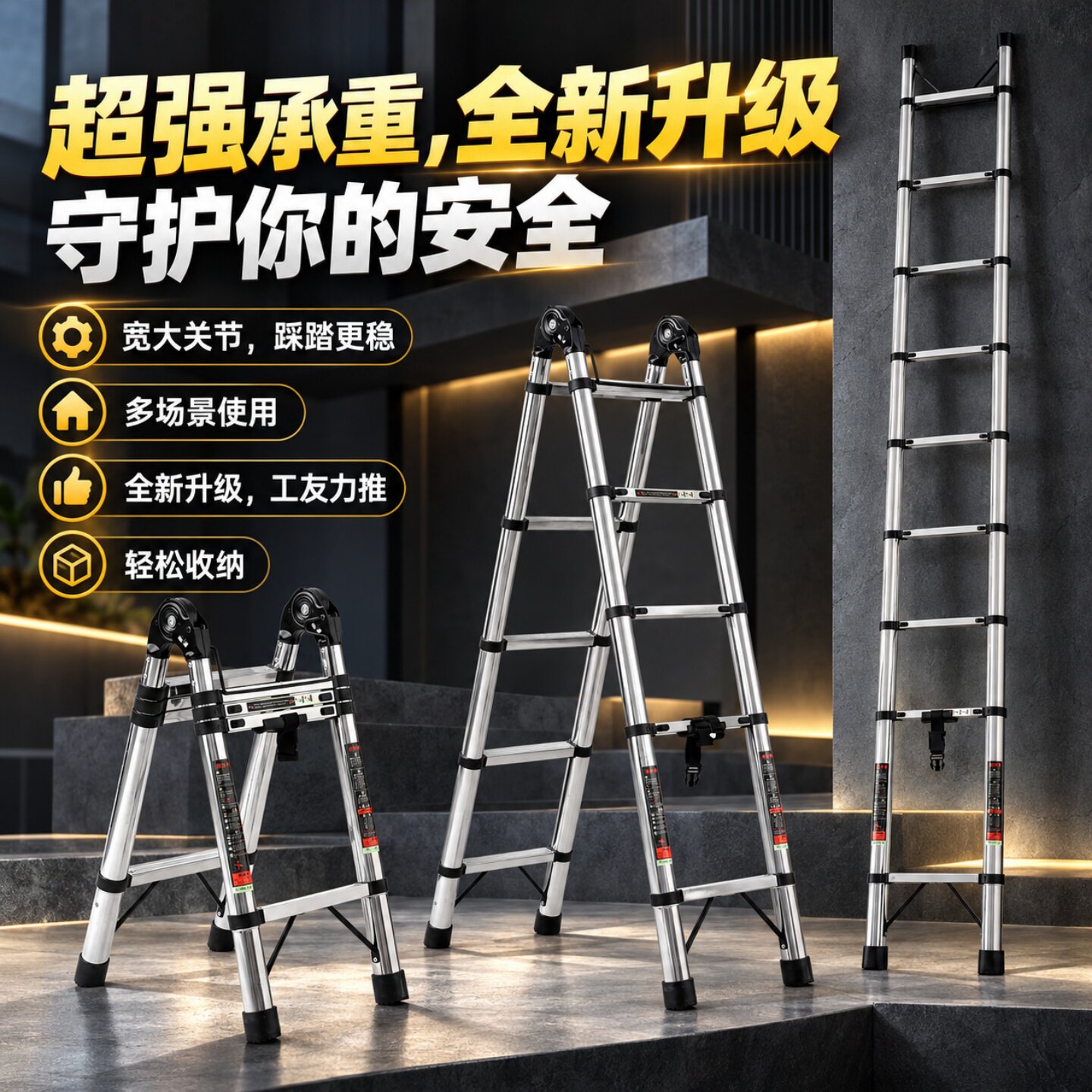 新款不锈钢梯子伸缩折叠多功能加厚人字梯便携稳家用安全升降直梯