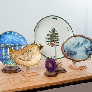 盘子展示黄铜支架实n木底座瓷盘架装饰盘收纳架唱片托架奖牌摆件