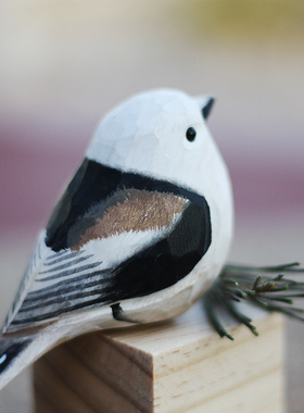 鹿妖商店 肥啾鸟木雕 生日v礼物 北长尾山雀手工摆件 银喉长尾山