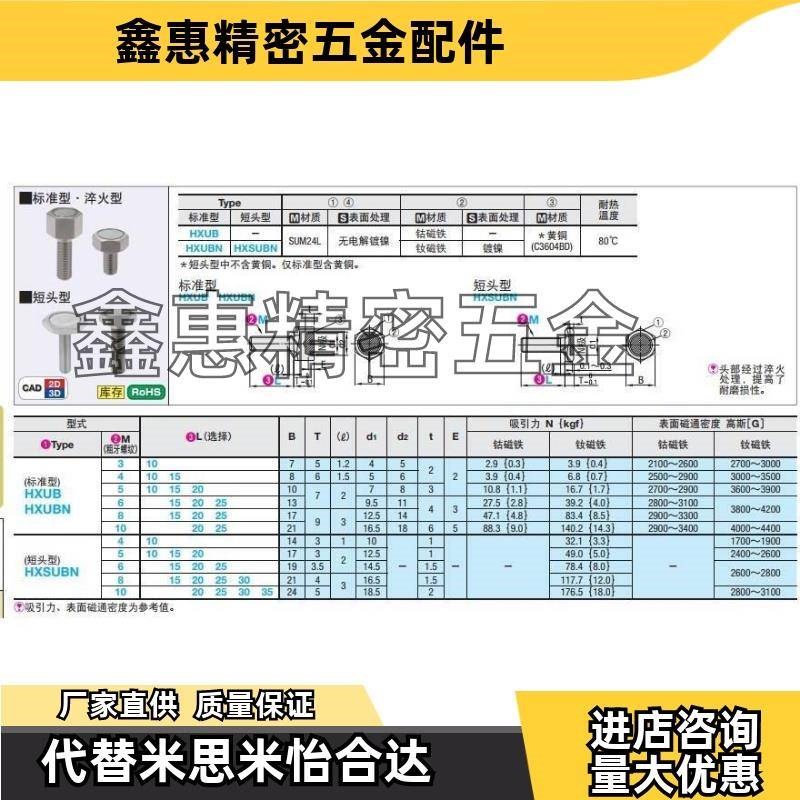 替米思米带座磁铁HXUB3/4q/5/6/8/10-10/15/20/25 标准型六角螺栓
