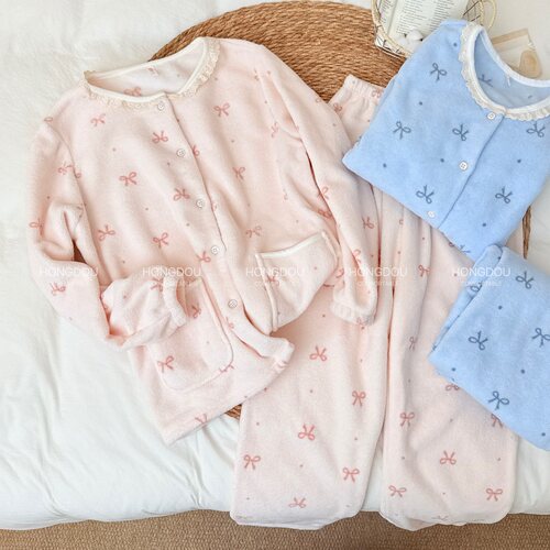 温柔蝴蝶结睡衣女软糯毛绒睡衣家居服套装-5035【鹿儿岛专享】