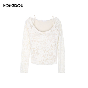雾影蕾丝 圆领女士内搭 性感风长袖 显瘦打底衫 7577 常规短款