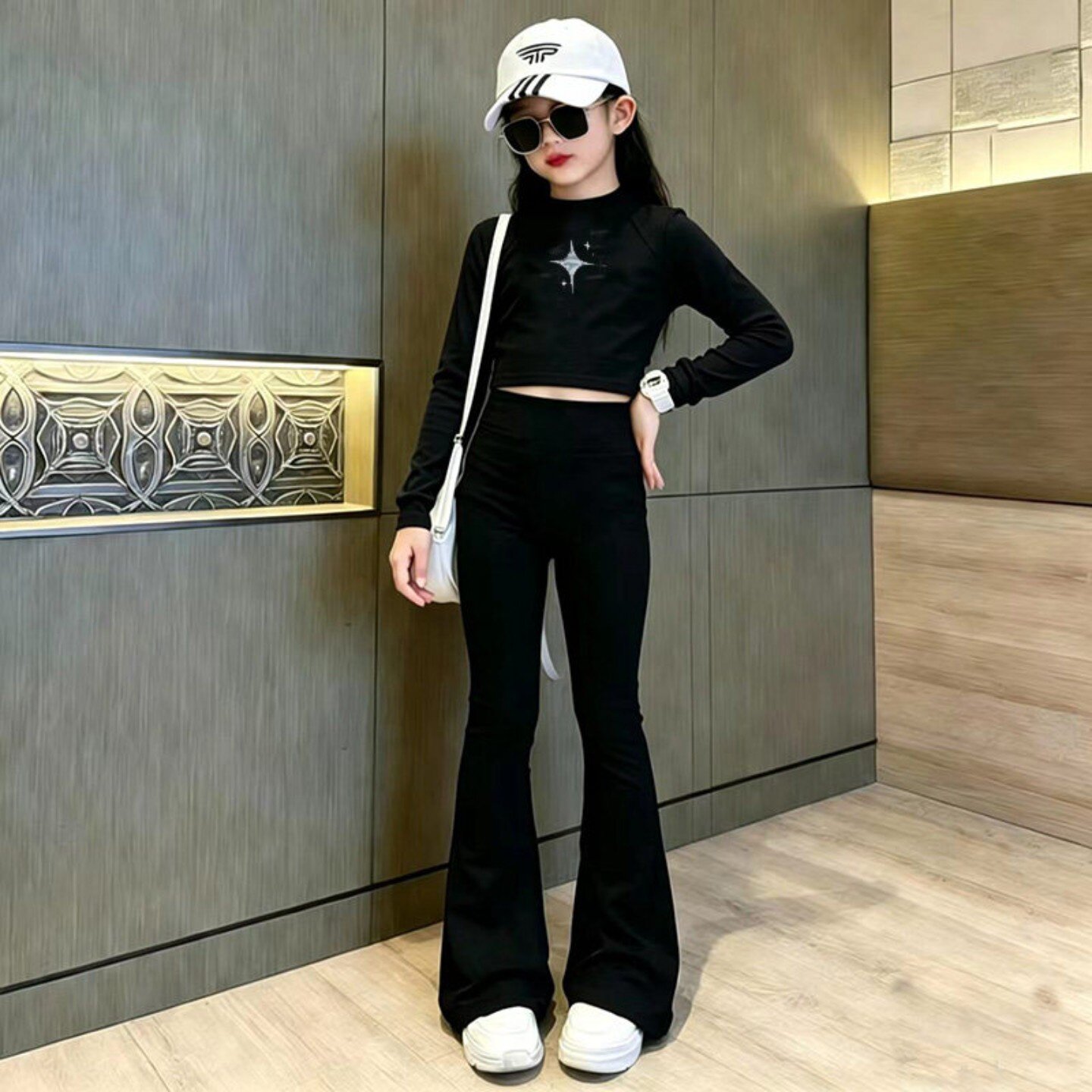 女童爵士舞套装黑色喇叭裤显瘦练功舞蹈服jazz儿童形体走秀演出服