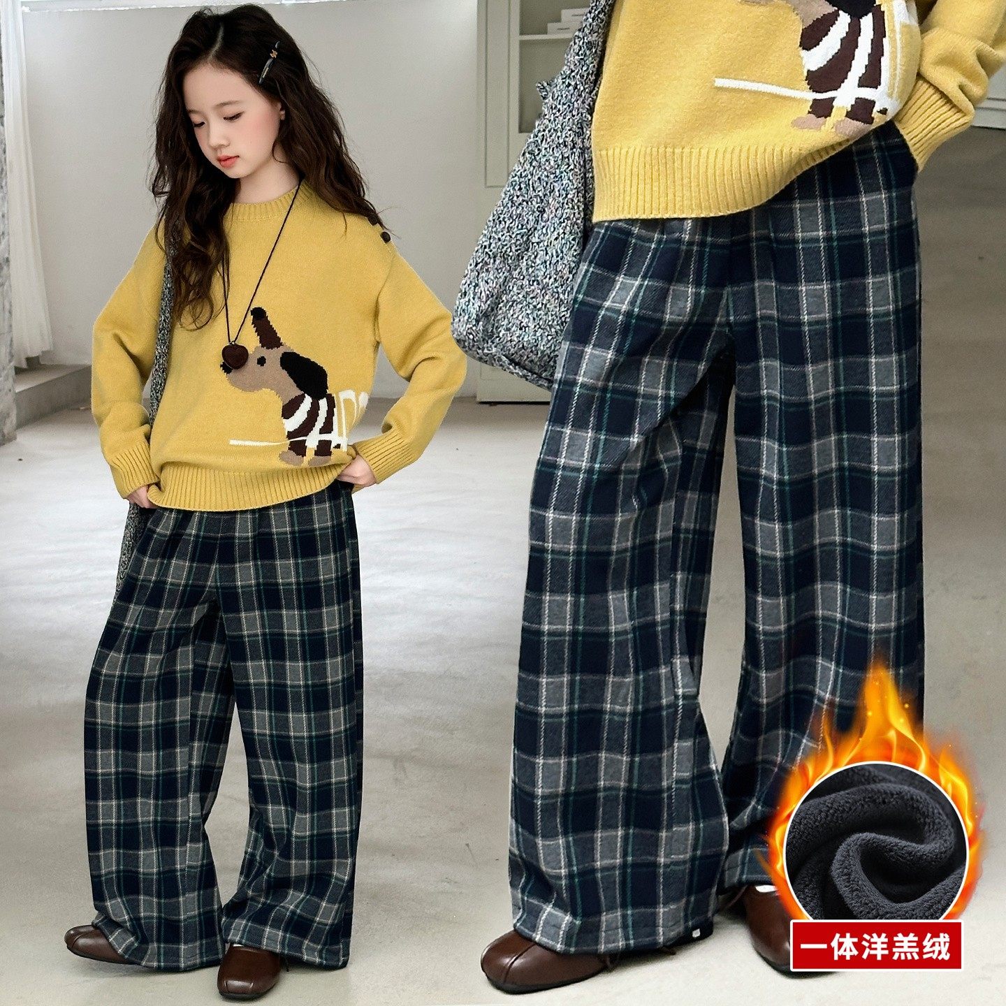 女童加绒加厚裤子秋冬2026新款儿童羊羔绒休闲直筒冬季儿童阔腿裤