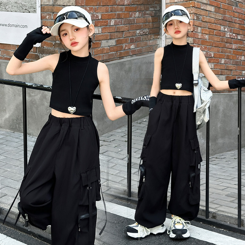 爵士舞夏季女童黑色系带工装阔腿裤2025款美式宽松休闲裤直筒长裤
