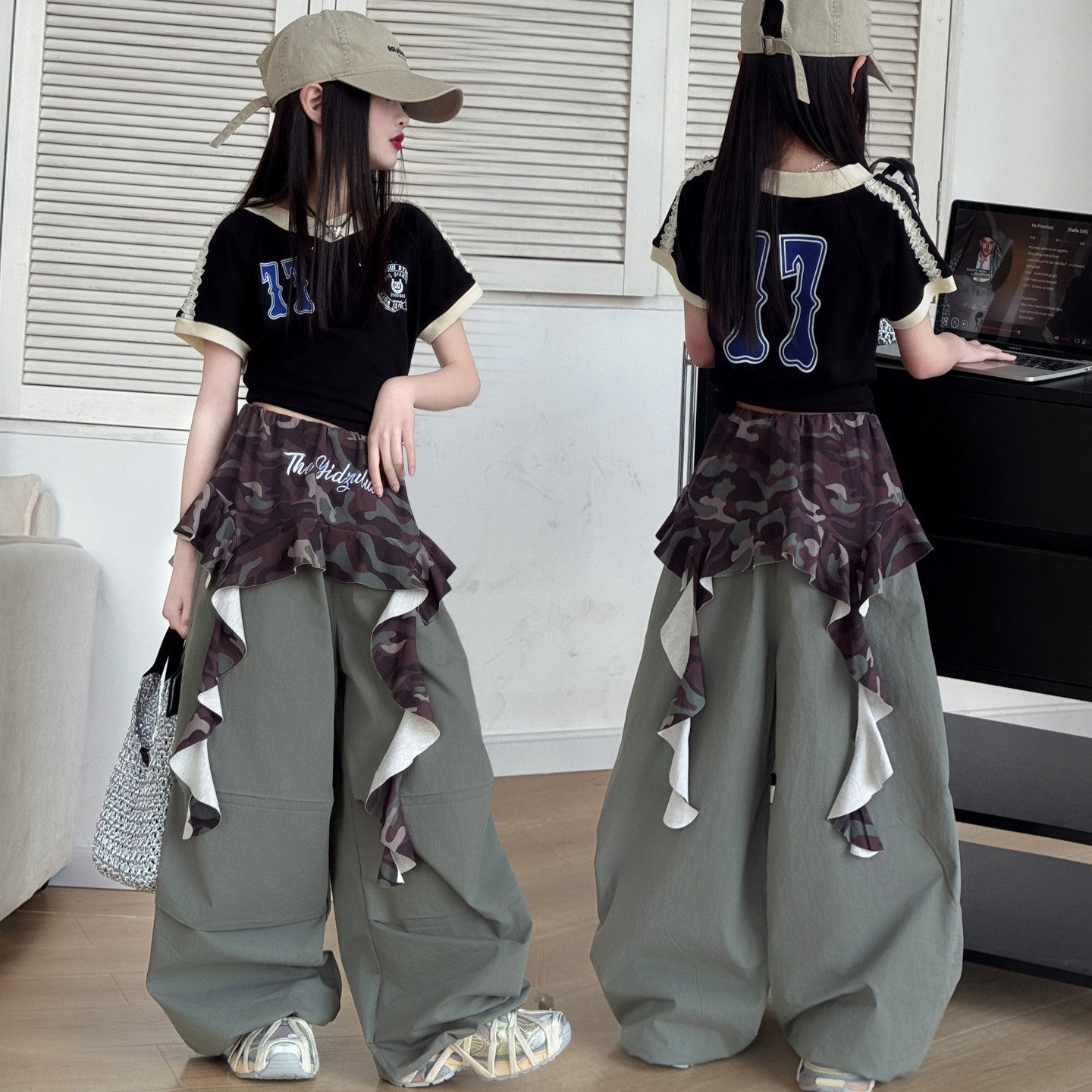 美式迷彩飘带伞兵裤女童爵士服甜酷工装裤叠穿屁帘个性走秀演出服