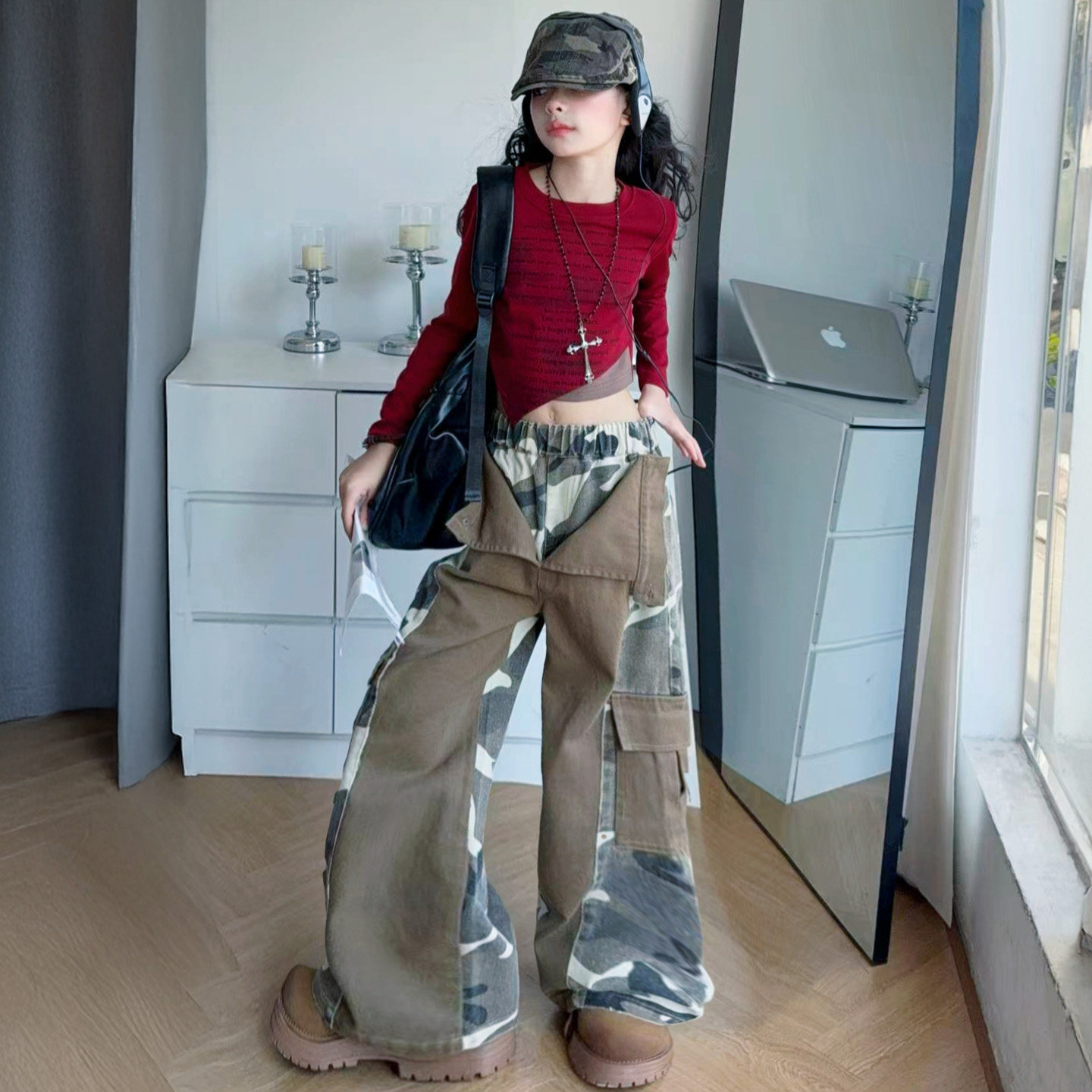 女童秋美式彩工装阔腿牛仔裤
