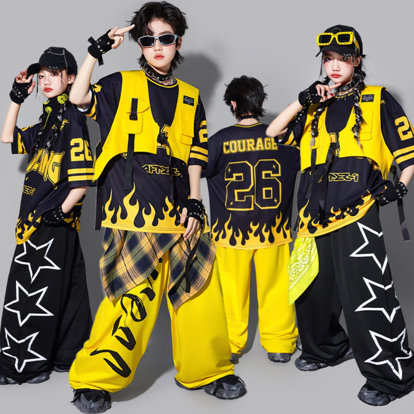六一儿童hiphop黄色街舞演出服男童嘻哈马甲套装少儿架子鼓服装潮