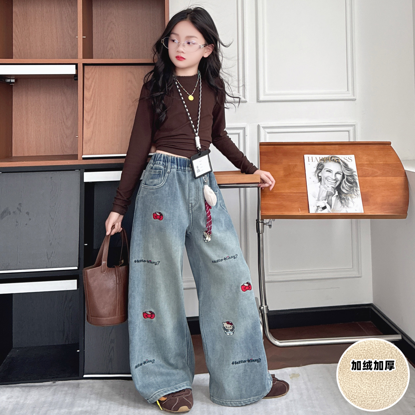 女童加绒打底衫秋冬阔腿牛仔裤