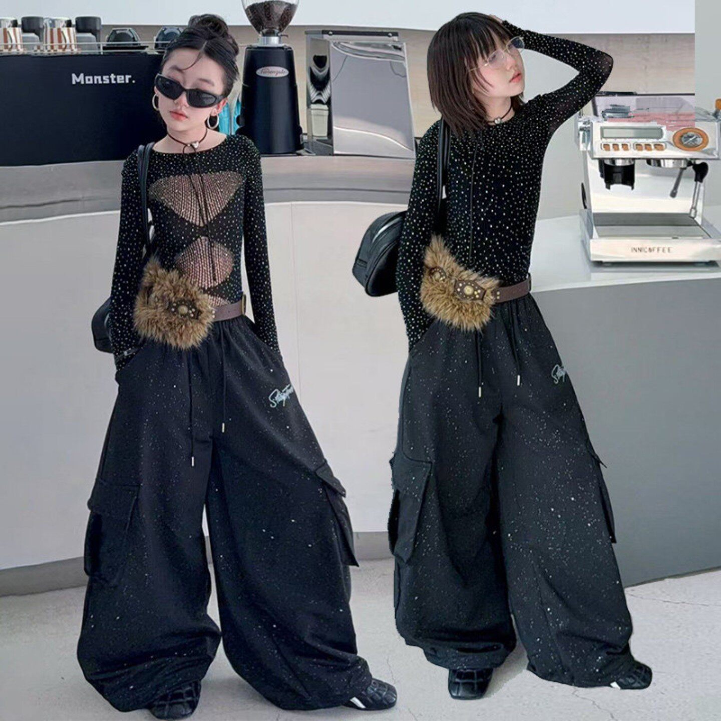 女童爵士舞服装练功黑色工装裤街舞表演儿童演出服时髦洋气潮酷秋