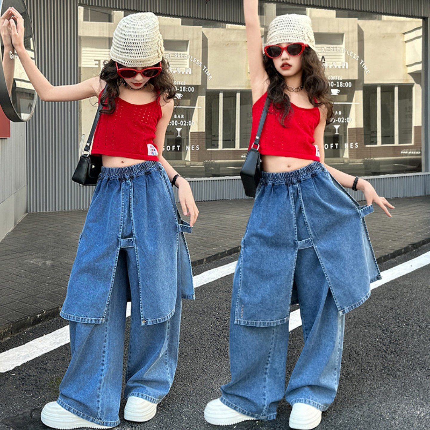 女童红色吊带背心屁帘牛仔裤爵士街舞演出服时髦洋气儿童网红套装