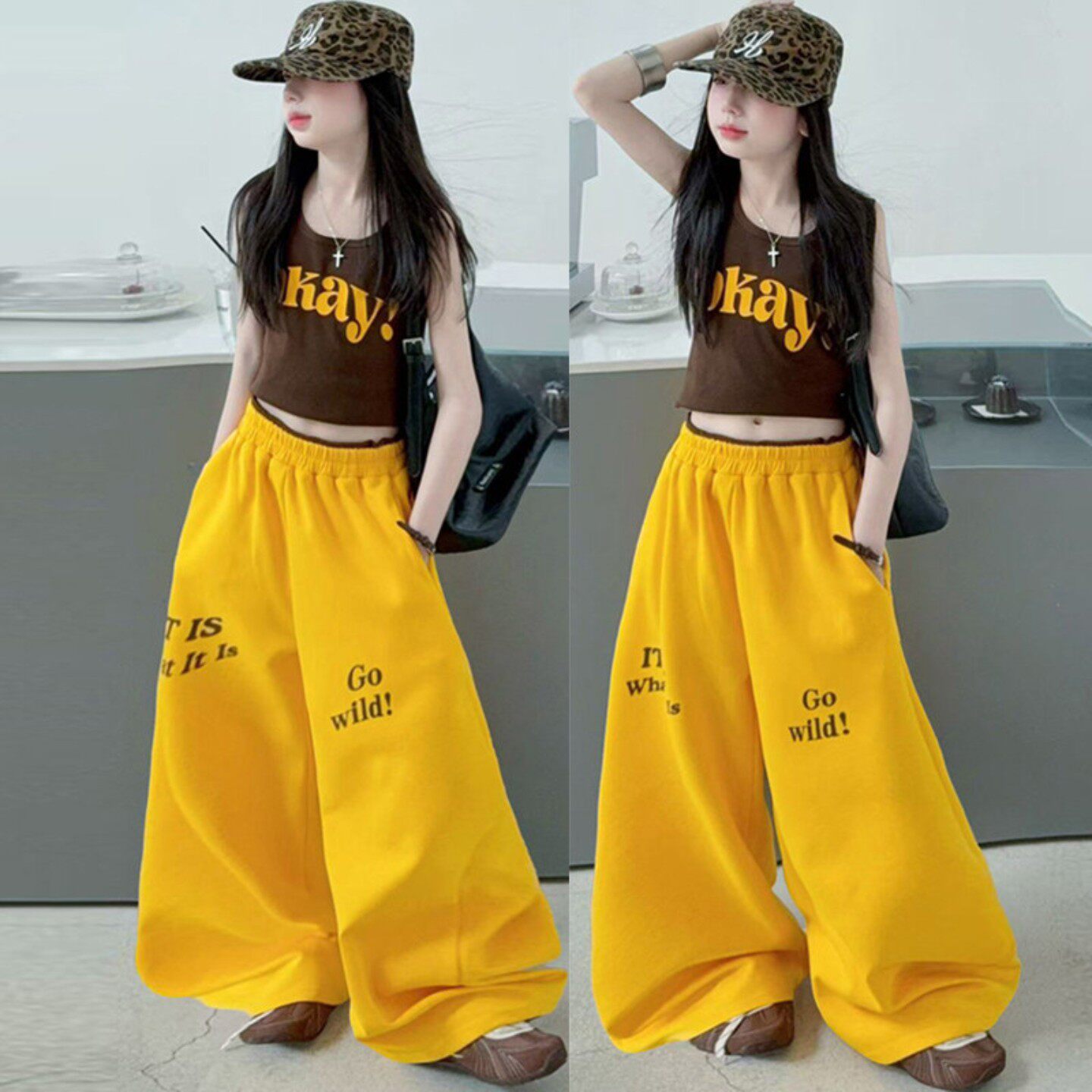 美式黄色阔腿裤女童爵士服辣妹风运动背心套装显瘦炸街走秀演出服