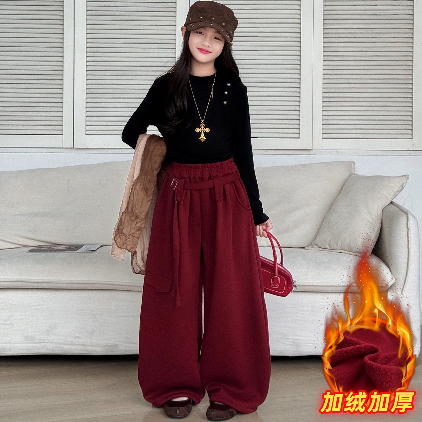 女童爵士舞服装秋冬加绒加厚拿破仑打底衫酒红阔腿裤洋气潮酷韩装