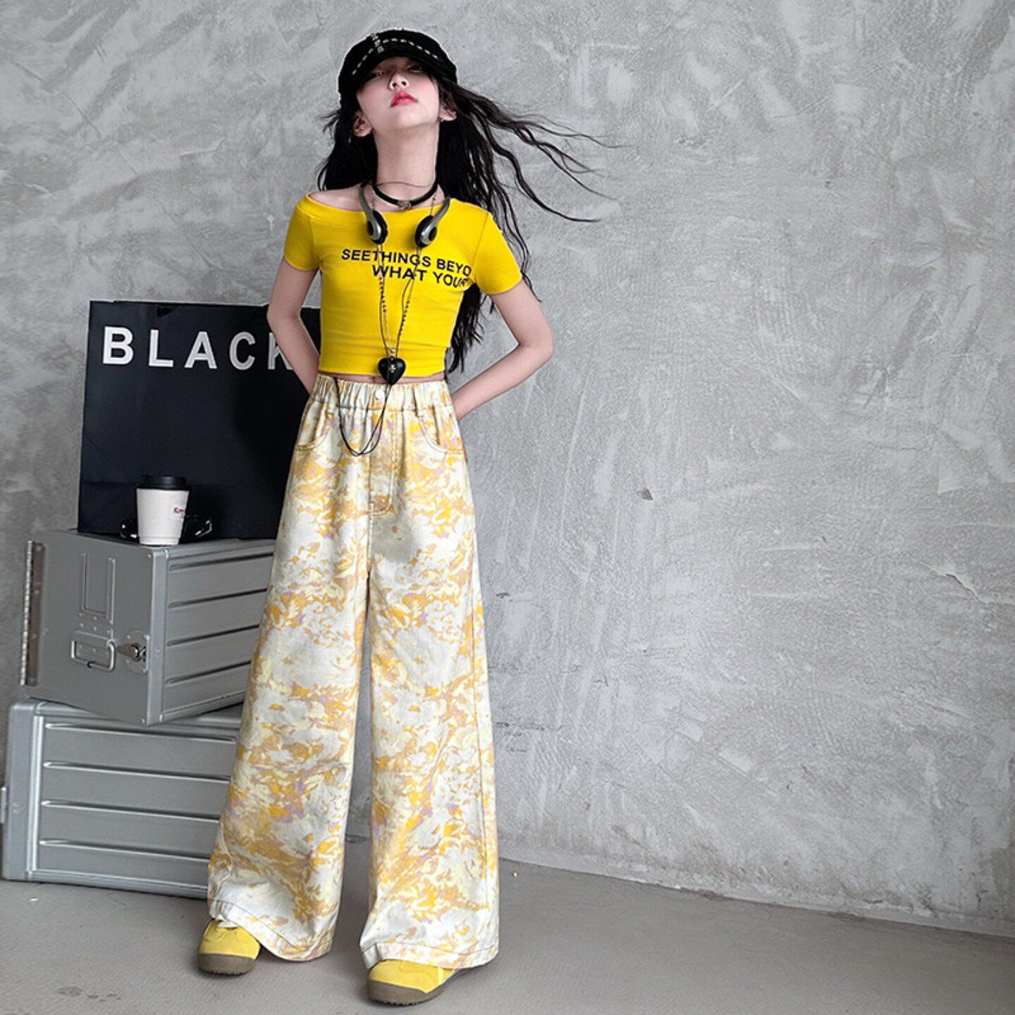 女童夏装儿童露肩短袖印花长裤套装2025夏季新款中大童tT恤阔腿裤