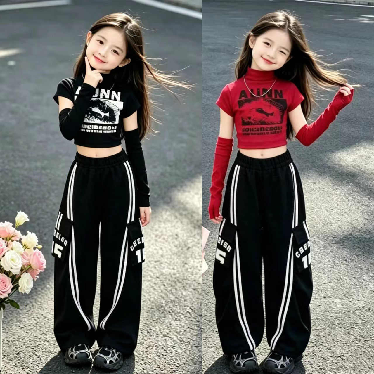 女童分袖两穿T恤套装2026春秋新款洋气潮搭爵士街舞酷飒风工装裤8