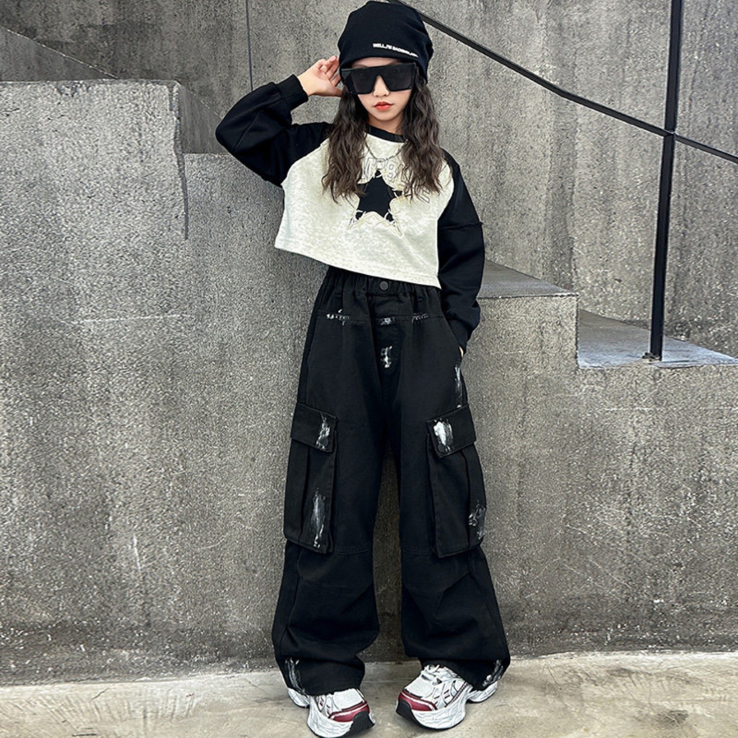 女童爵士舞服装儿童hiphop童装宽松纯棉练功服少儿街舞潮服秋季新