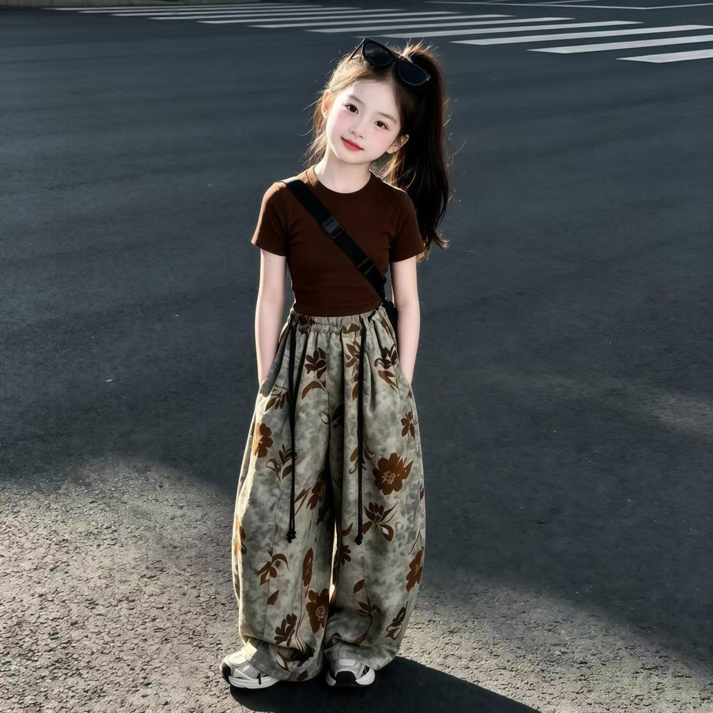 女童夏季休闲套装大儿童短款修身短袖T恤阔腿裤9女孩夏装潮酷穿搭