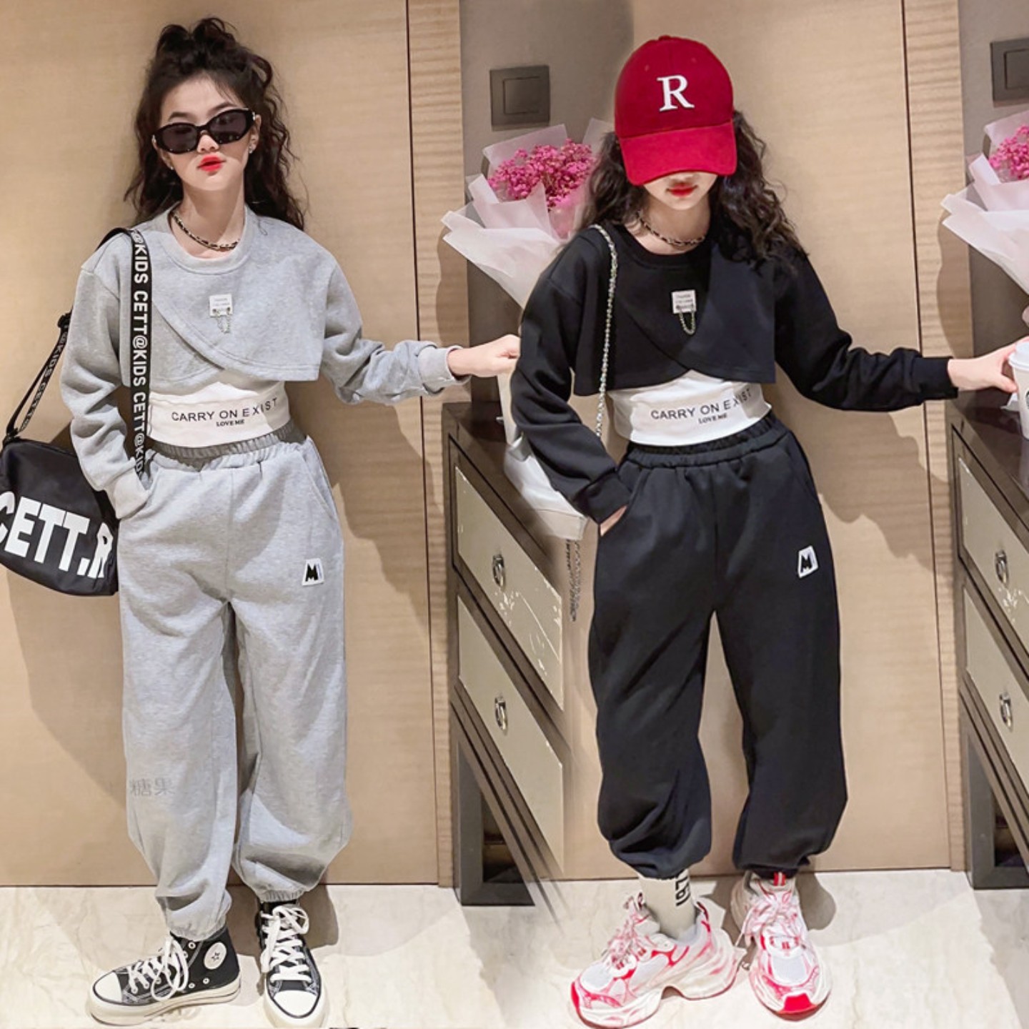 女童hiphop短卫衣套装露脐短上衣儿童爵士街舞潮运动春秋装三件套