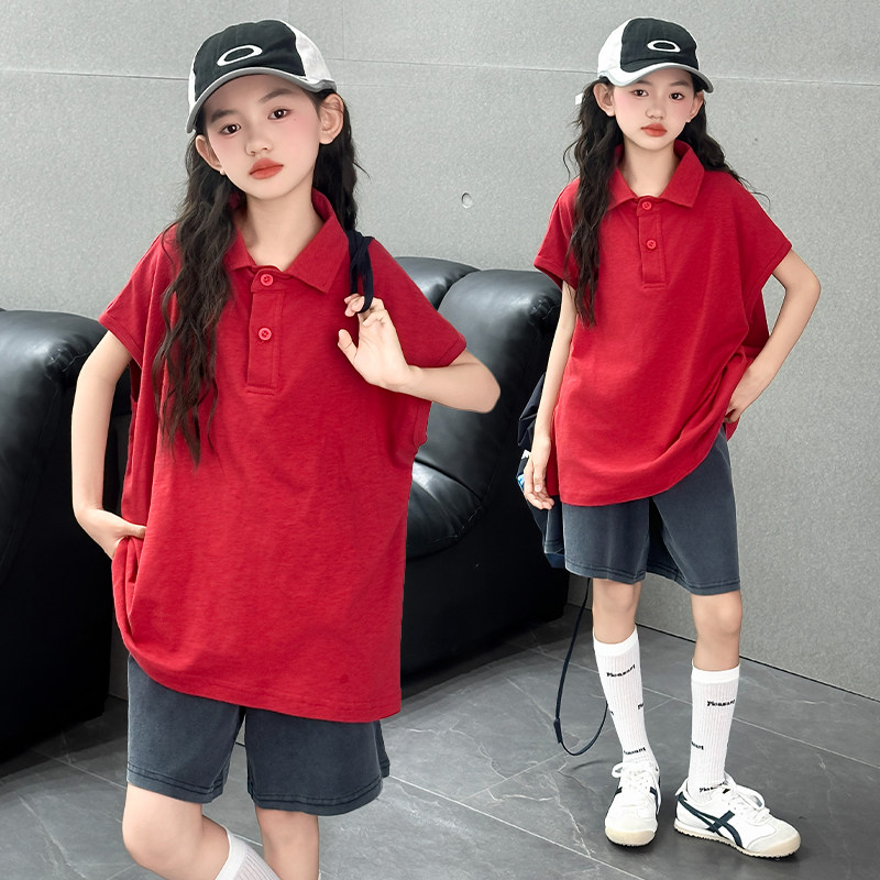女童枣红Polo衫翻领短袖牛仔短裤