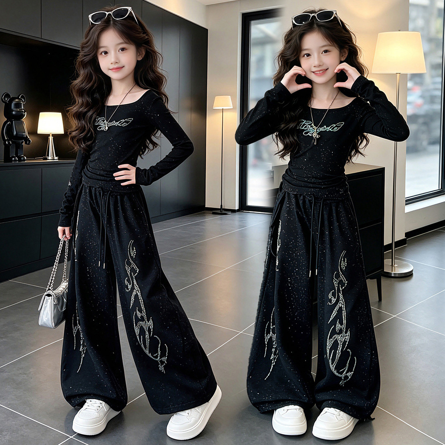 爵士舞服装女童街舞练功服黑色时尚撒银套装中大童舞蹈表演两件套