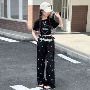 女童爵士舞夏季套装甜辣妹蕾丝边蝴蝶结裤子女孩宽松松紧腰阔腿裤