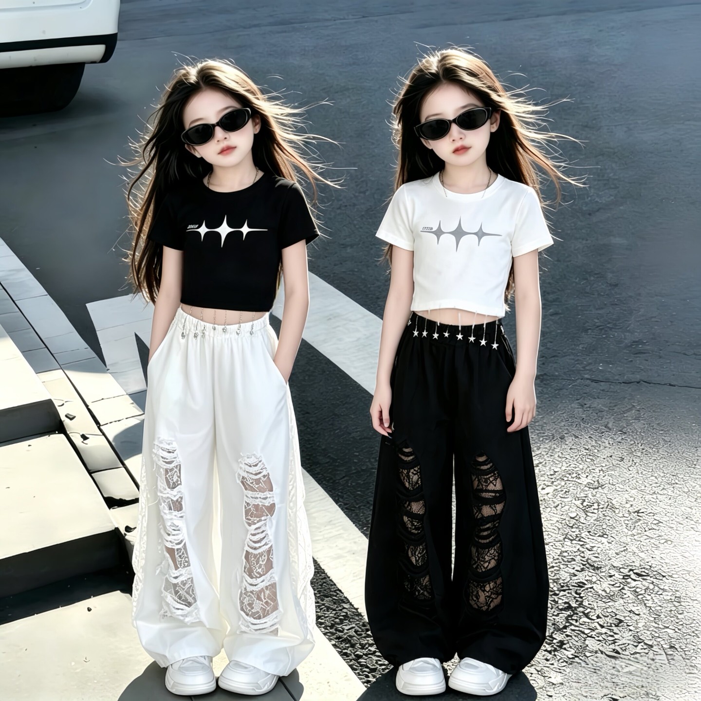 女童夏装爵士舞潮服中大童街舞服洋气破洞拖地裤走秀表演两件套酷