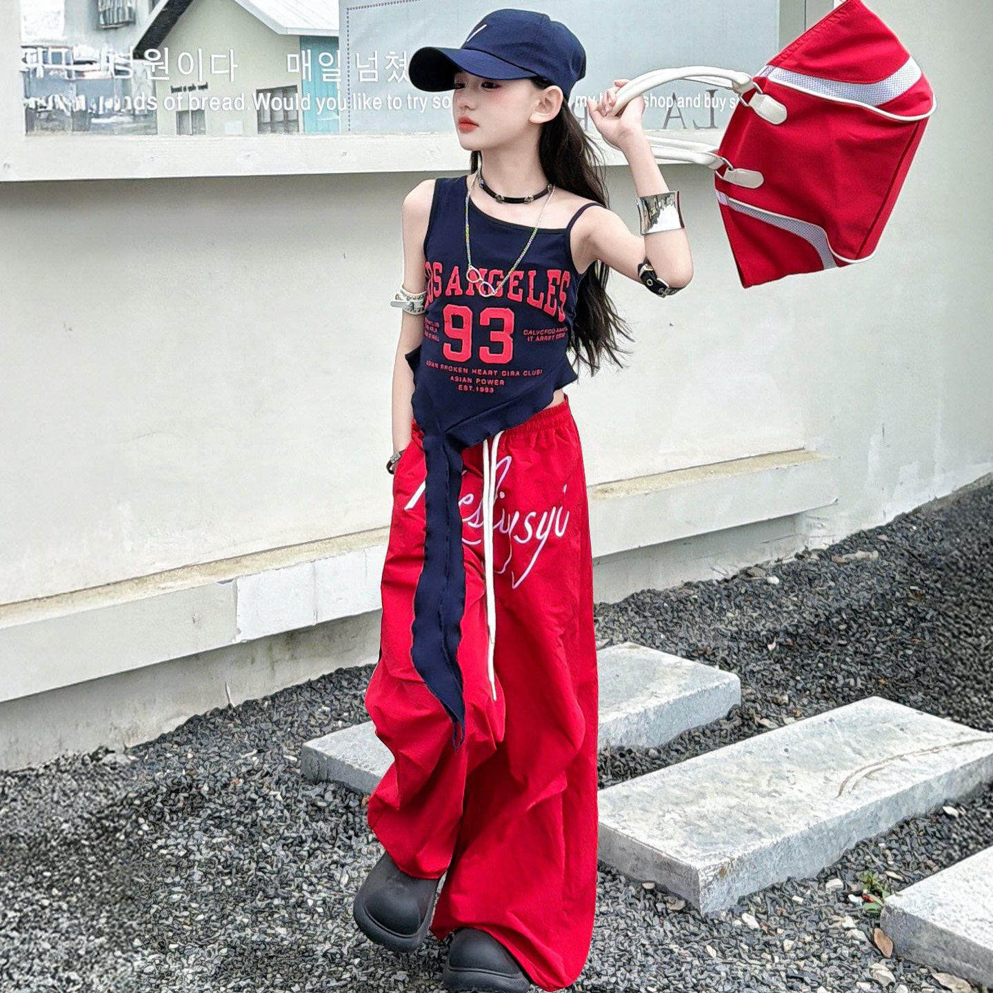 爵士舞女童不规则美式辣妹吊带背心夏季外穿酷飒无袖飘带短款上衣