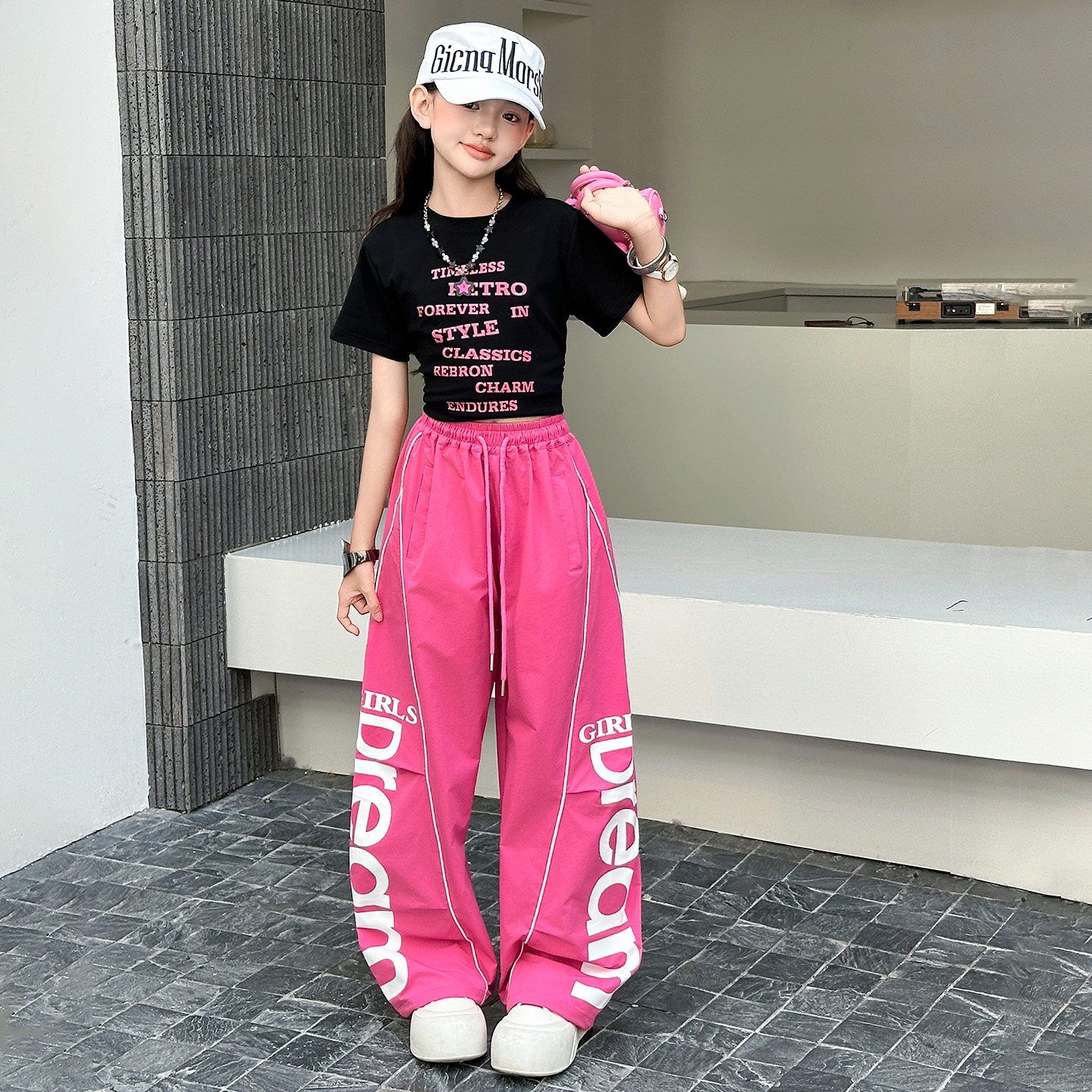 爵士舞服装女童夏季短袖阔腿裤儿童街舞套装洋气时髦女孩舞蹈练功