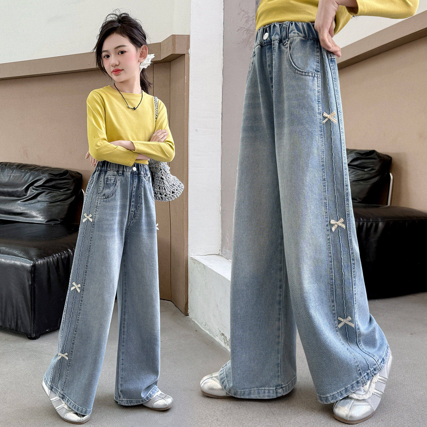 女童牛仔裤2026春秋款时髦洋气阔腿裤大童蝴蝶结宽松直筒儿童裤子