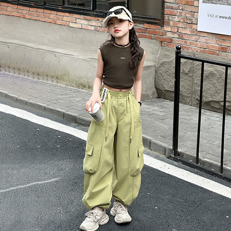 女童爵士舞工装裤2025新款运动休闲裤阔腿裤女孩夏季背心T恤上衣