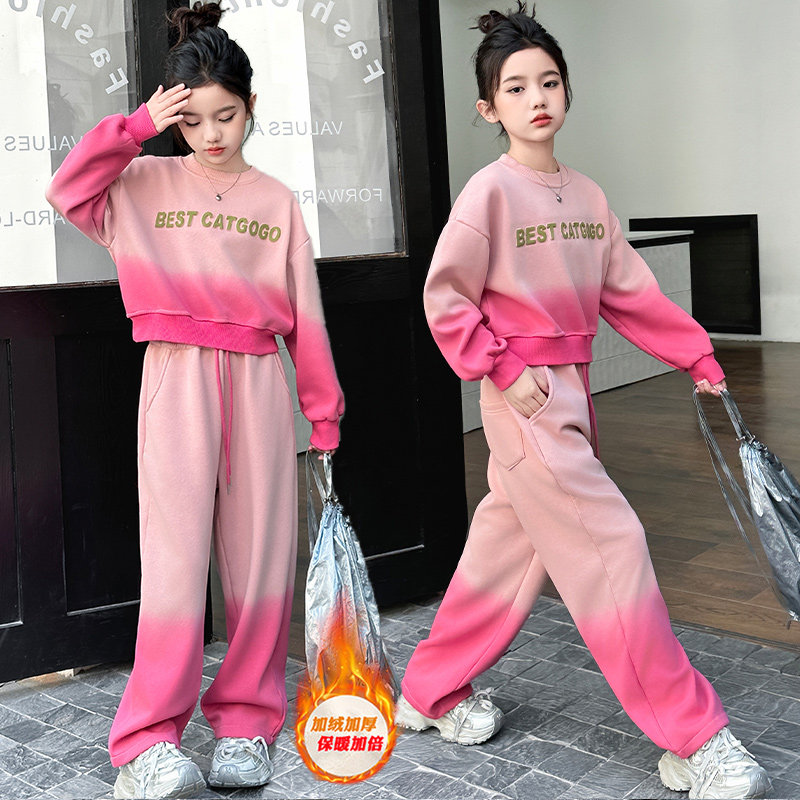 爵士舞女童冬装套装秋冬新款洋气时髦儿童加绒加厚卫衣运动两件套