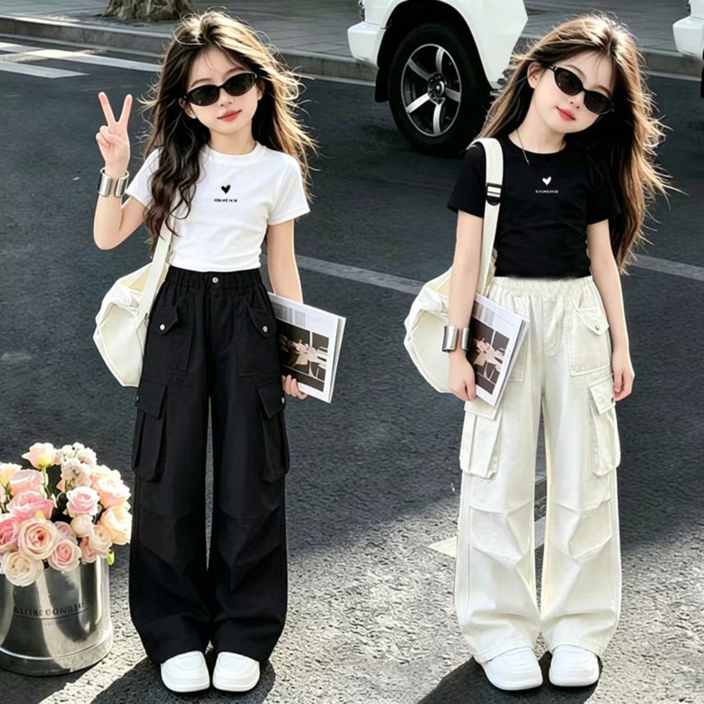 爵士舞女童夏季套装2026新款韩版潮酷穿搭大童女孩美式工装阔腿裤