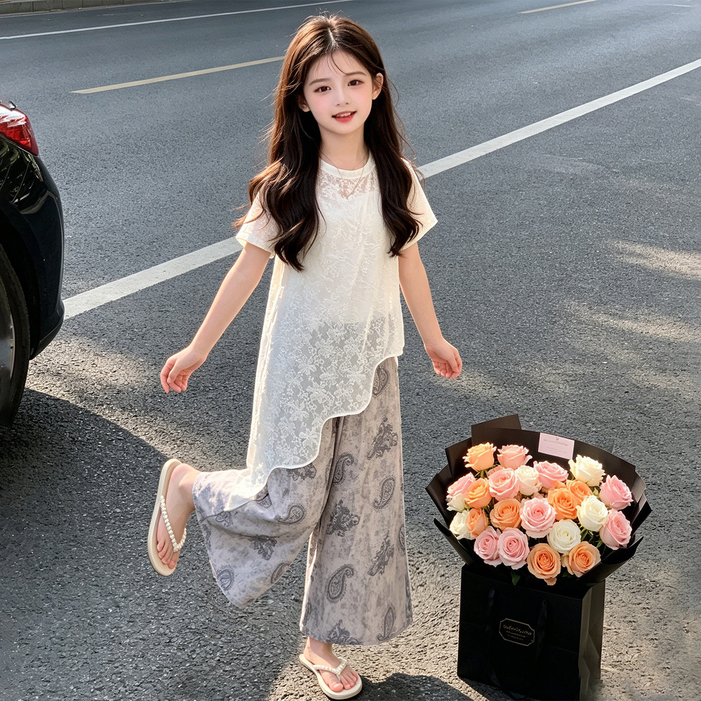 女童夏套装2026新款洋气儿童蕾丝短袖夏装女大童阔腿裤夏季三件套