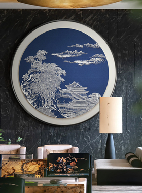 新中式客厅沙发背景墙挂画餐馆餐厅高级感L圆形浮雕肌理实物装饰