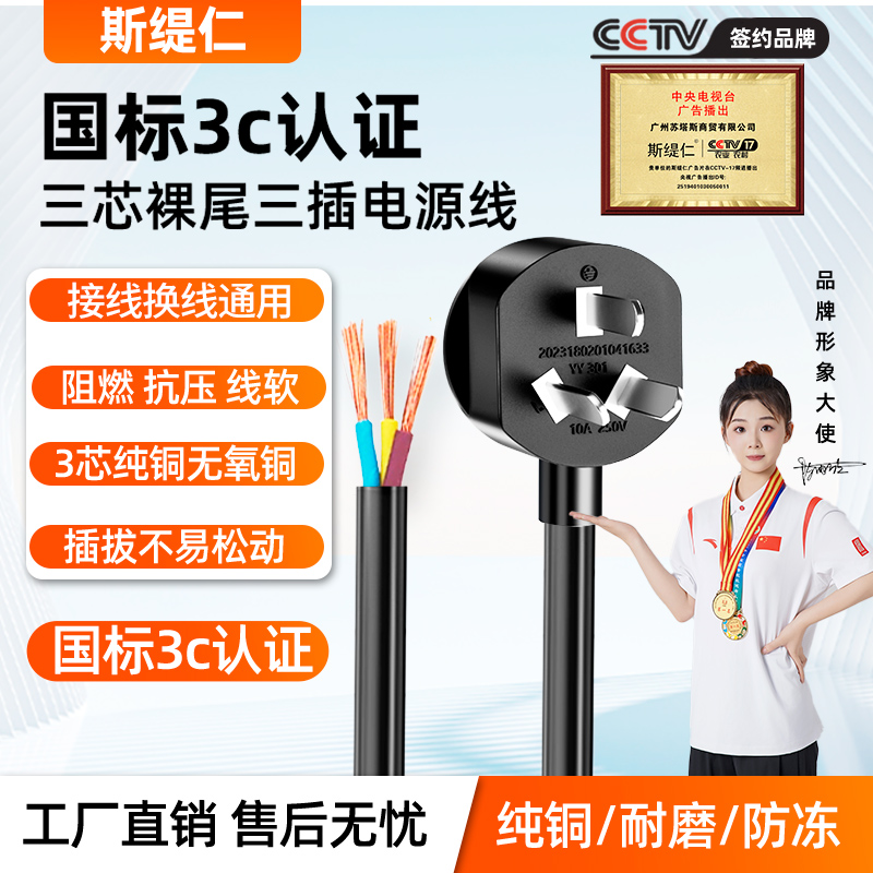 三3芯电源线插头带线国标纯铜1/1.5/2.5平方10A16a大功率单头裸尾