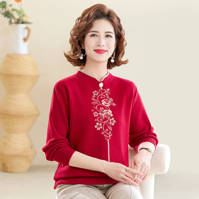 台格新中式春秋冬季妈妈中老年装立领提花烫钻保暖针织衫毛衣女