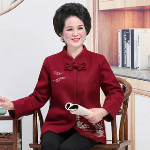 台格【喜庆系列】春秋季中国风奶奶装中老年立领绣花长袖呢外套女
