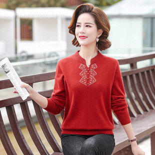 台格春秋冬季妈妈装中老年装针织衫旗袍领烫钻提花毛衣女