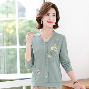 台格【精美绣花】春秋气质减龄妈妈装中老年装上衣花边V领T恤女