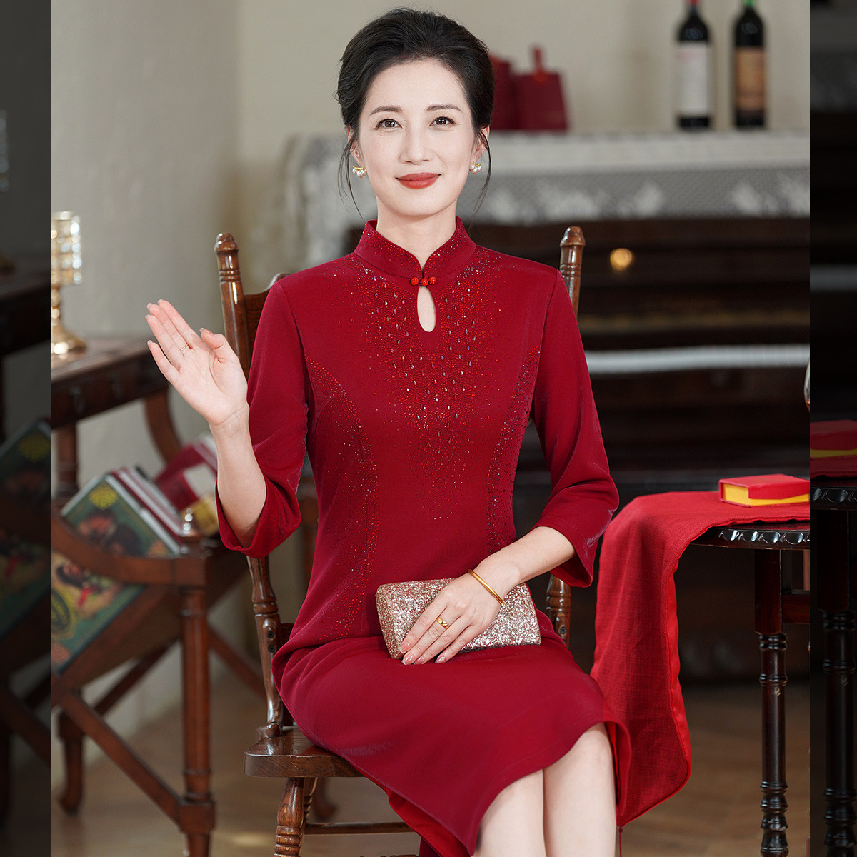 台格【喜婆婆系列】秋季妈妈旗袍立领钉珠烫钻收腰开叉礼服连衣裙