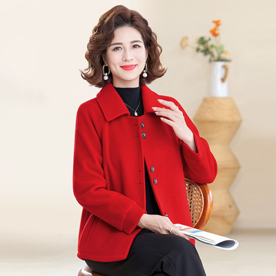 台格春秋季聚会妈妈装中老年装气质翻领纯色百搭长袖呢外套女