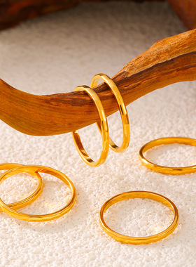 复古冷淡风素圈光面戒指女ins风潮流网红气质钛钢18K镀真金食指戒