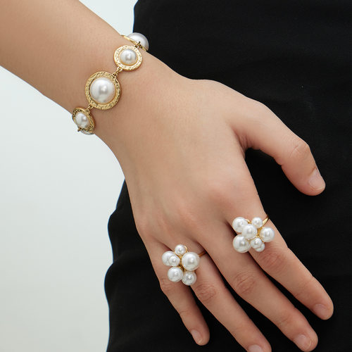 贝珠夸张戒指手链 chic欧美轻奢百搭个性精致气质首饰套装不锈钢