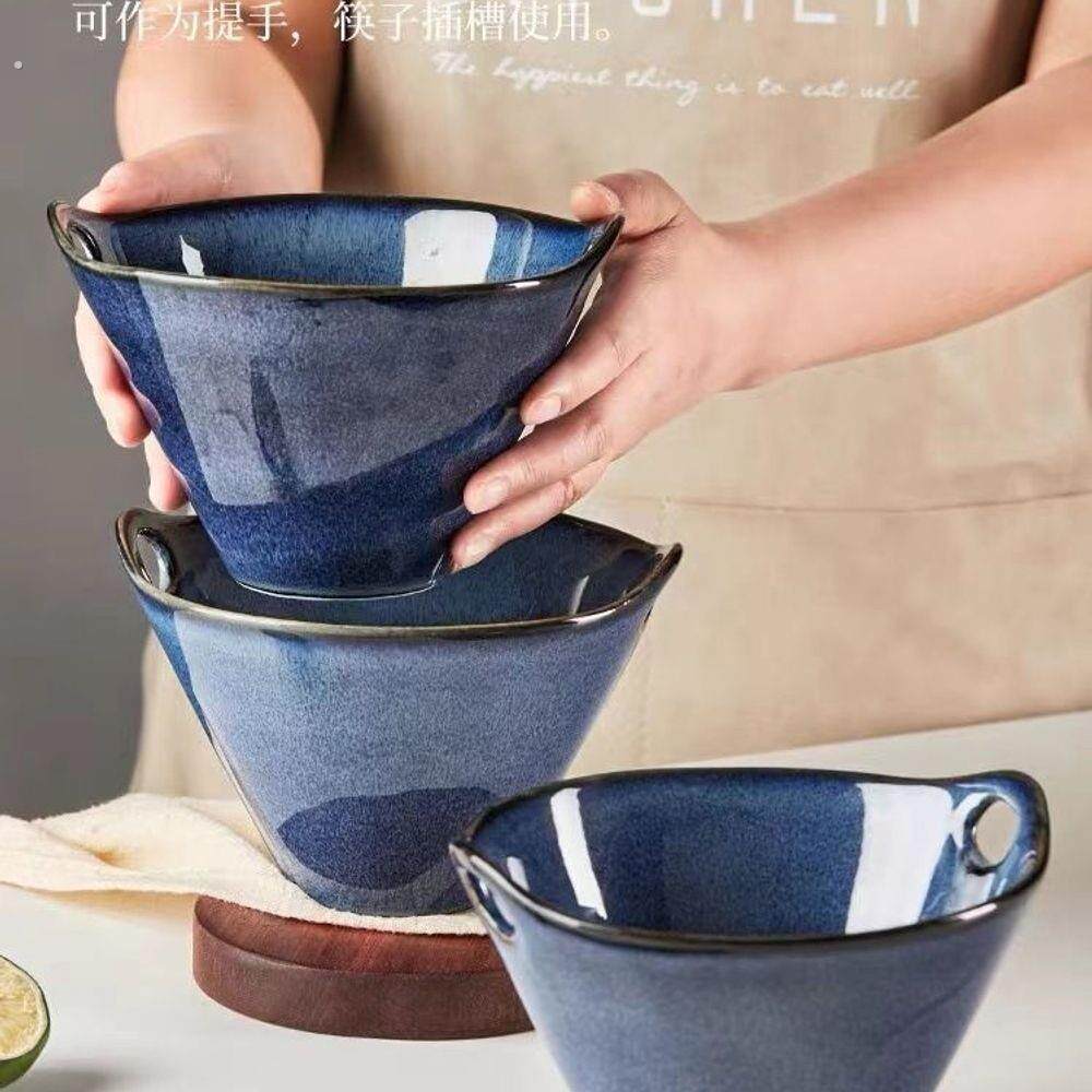 日式面碗斗笠碗创意面碗家用复古风双耳手穿筷子陶瓷饭碗