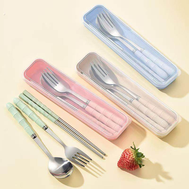 小麦秸秆三件套加厚不锈钢成人勺子餐叉筷子学生旅游便捷式餐具